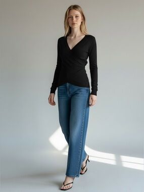 Ricki’s Wrap Front Sweater Deep V  Neckline Thin Knit Stretch Fit Black Size XS